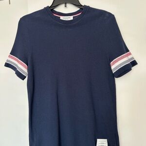 Thom Browne Navy Knit Short-Sleeve Shirt with Sleeve Stripes